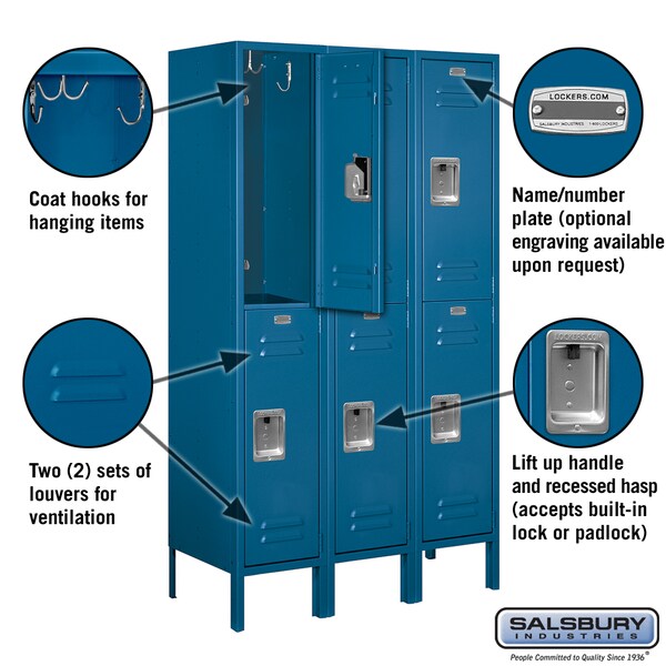 Wardrobe Locker, 36 W, 15 D, 66 H, (3) Wide, (6) Openings, Blue